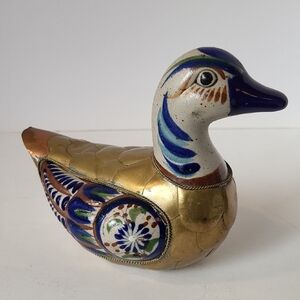 Handcrafted Tonala Vintage Armored Ceramic/Brass/Copper Duck Figurine